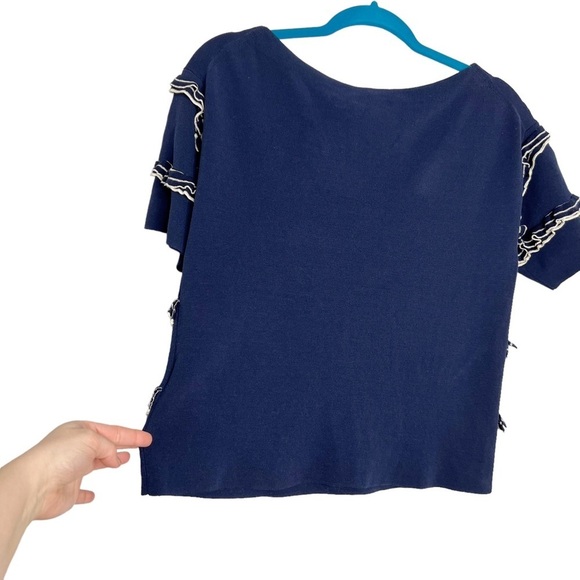 J Crew Navy Blue Ruffle Boatneck Short Sleeve Knit Sweater - Picture 8 of 11